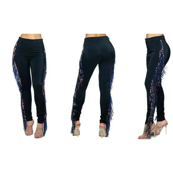 K Too L High Waist Black Fringed Sequin Sexy Party Pants Punchy Western Cochella - Picture 1 of 14